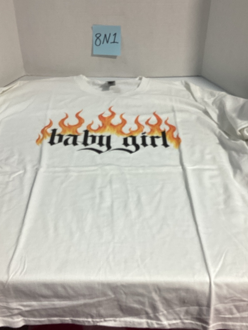 Gildan White Short-Sleeve Tee with Orange Flame "baby girl" Graphic